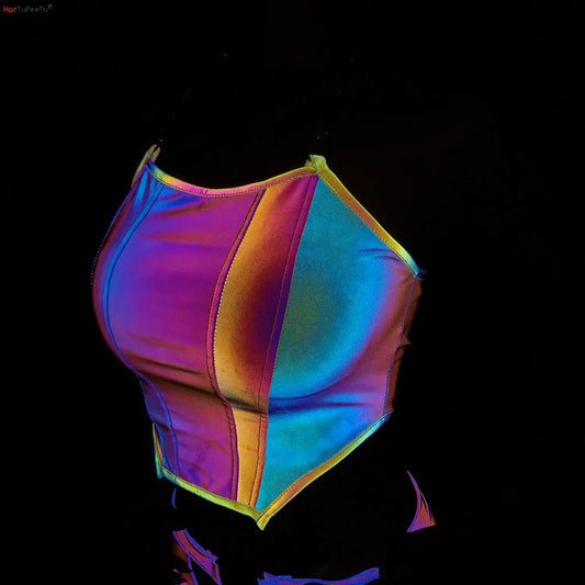NEW Arrivals Reflective Lights Crop Top Women Female Bodycon Chain Halter Tank Luminous Tops Sexy Colorful Summer Evening Beach Rave Party Night Club Dance Tech-Wear Ladies Girls Luxury Fashion Clothing Accessories Supplies