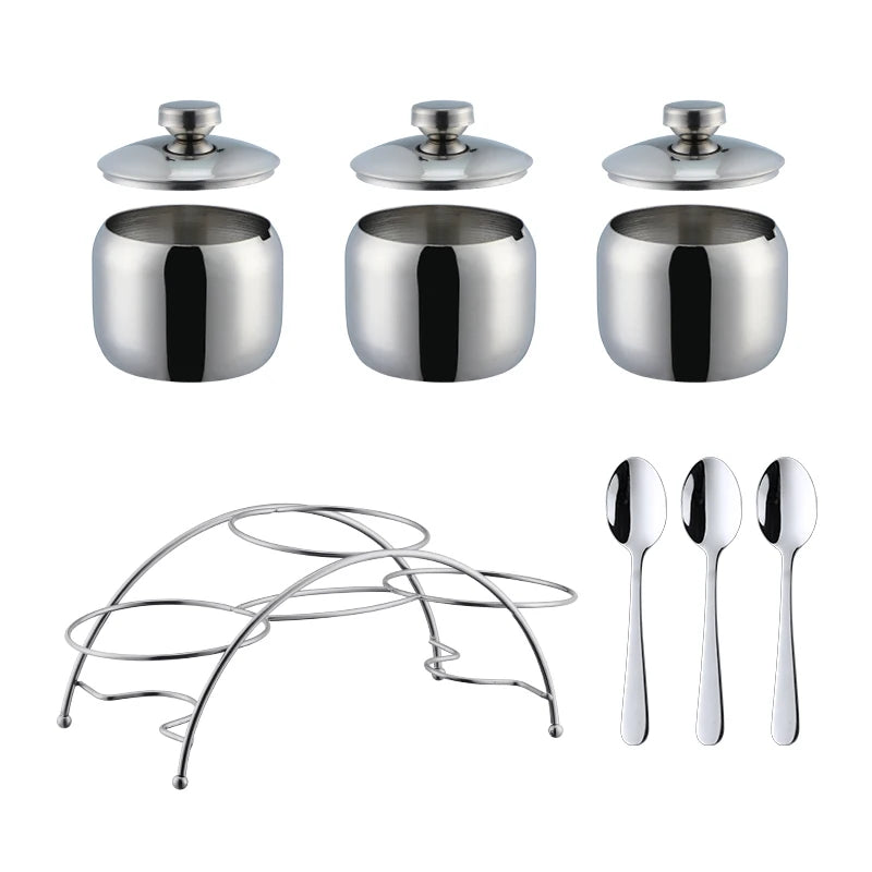 3 PCS Luxury Set + 3 Matching Spoons 304 Stainless Steel Gold Seasoning Condiment Pot Set Spice Salt Sugar Container Pepper Jar Tool with Lid and Spoon Holder Rack Home Tableware Tools Sets