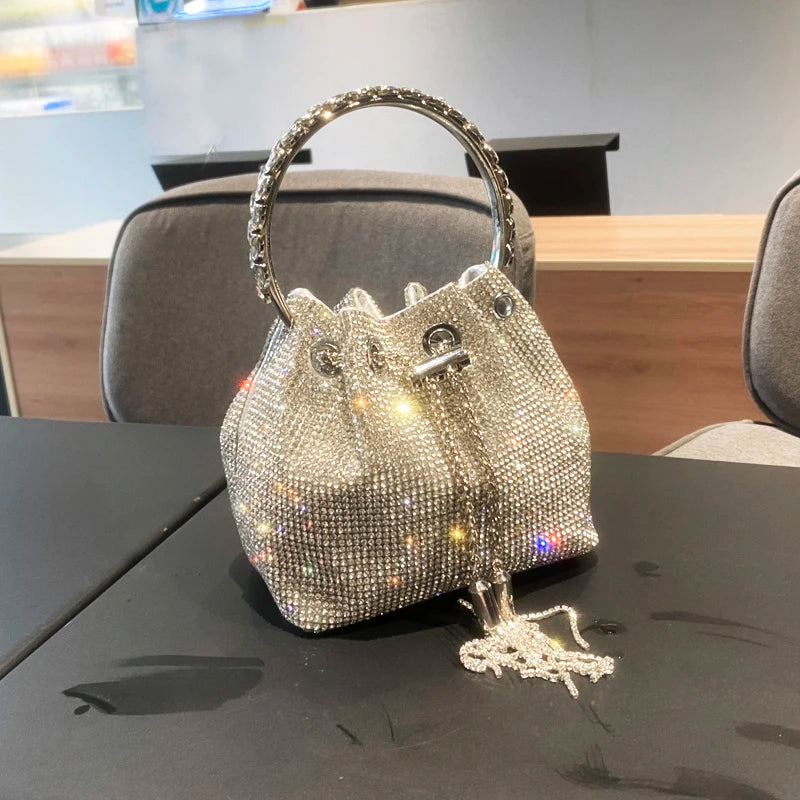 Women Luxury Designer bucket clutch purse evening banquet bag Crystal rhinestone shoulder bag