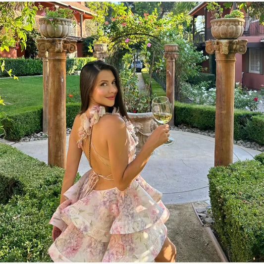 BRAND NEW UK Size Blue/Pink Color 3D Flowers Lace Up Halter Sexy Dress Woman Layered Backless Deep V-Neck Pleated Puffy Dress Fashion Women Summer Evening Beach Party Night Club Dress