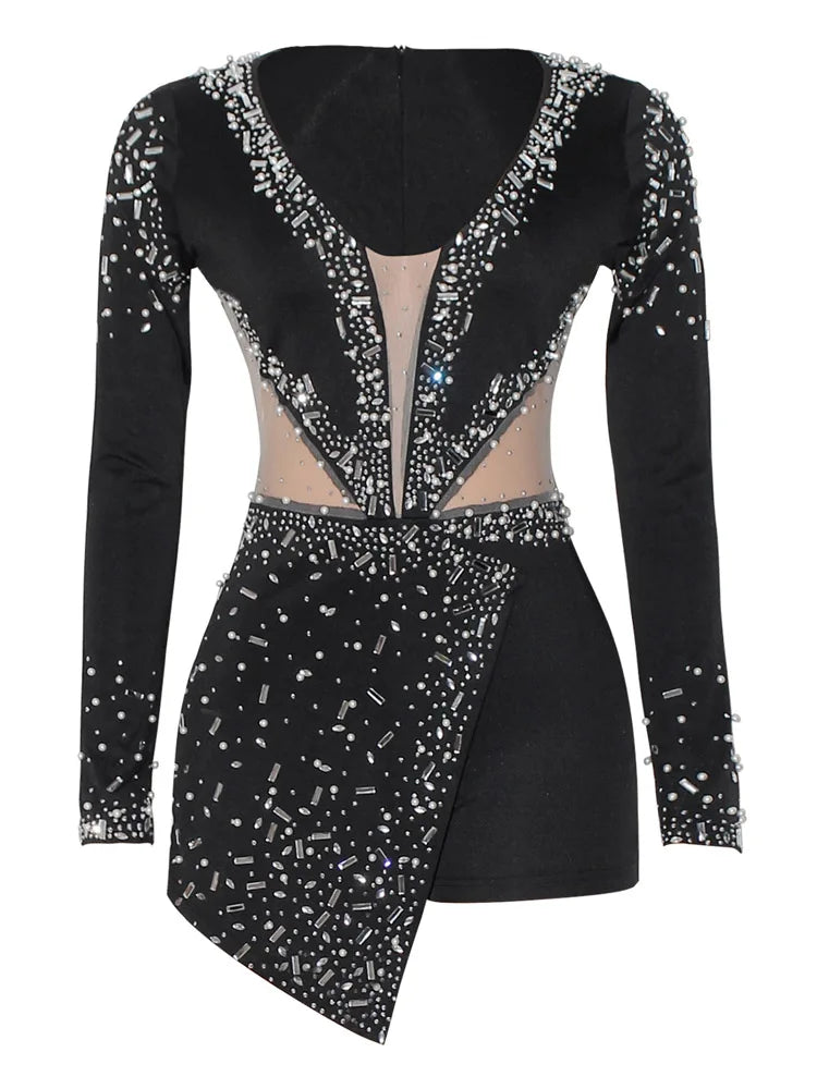 Low-Price Sales are Limited NEW Italian Luxury Women Sexy Black/Red/Blue Rompers V-Neck Mesh Rhinestones Diamonds Collar Skinny Long Sleeve Playsuits Evening Party Night Club Outfit Girls Ladies Luxury Fashion Clothing Suppli