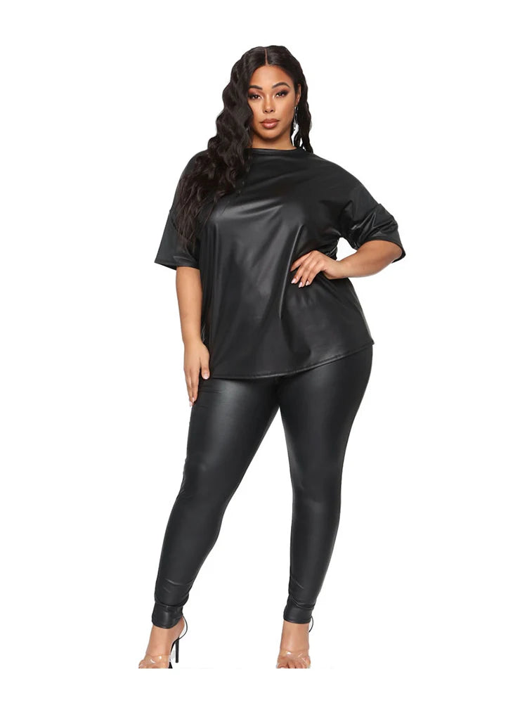 2 PCS Set XL-5XL Plus Size For Curvy Women and Big Girls Summer Clothes Leather Night Clubwear Outfit  Short Sleeve Blouse Top and Stretchy Leggings Ladies Suits in Black