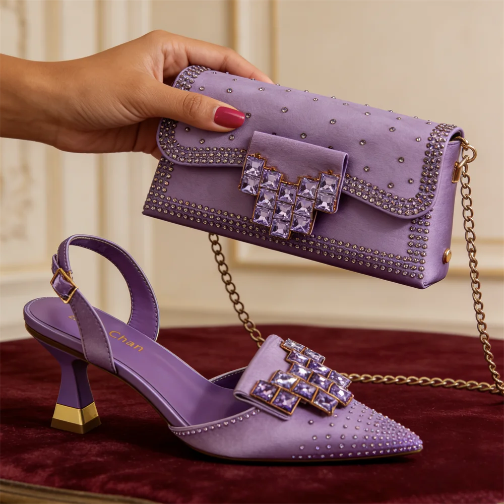 7 Colors Luxury Stylish Rhinestones High Heel Shoes & Matching Handbag - Elegant Pointed-Toe Footwear for Women, Ideal for Parties