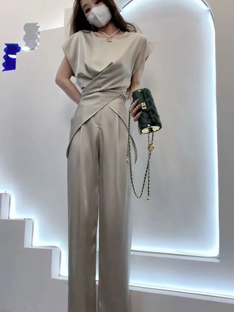 NEW Arrivals 2PCS Set M-3XL UK Size Luxury Trousers + Tops Chubby Woman Wide Leg Formal Satin Pant Sets for Women Sexy Silk Business Classy Outfit Ladies Luxury Fashion Apparel Supplies