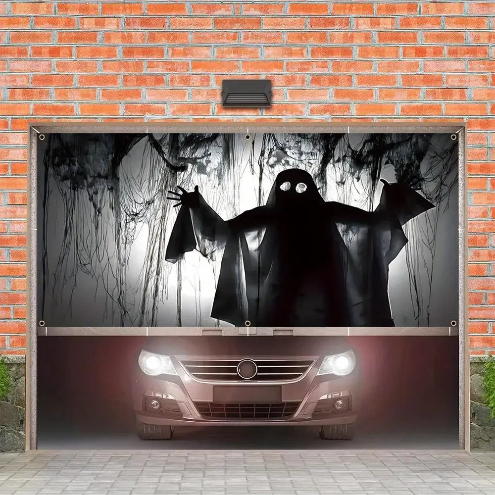 Happy Halloween Ghost Garage Door Banner - Large, Indoor and Outdoor Decor with Scary Murals, Perfect for Home and Party