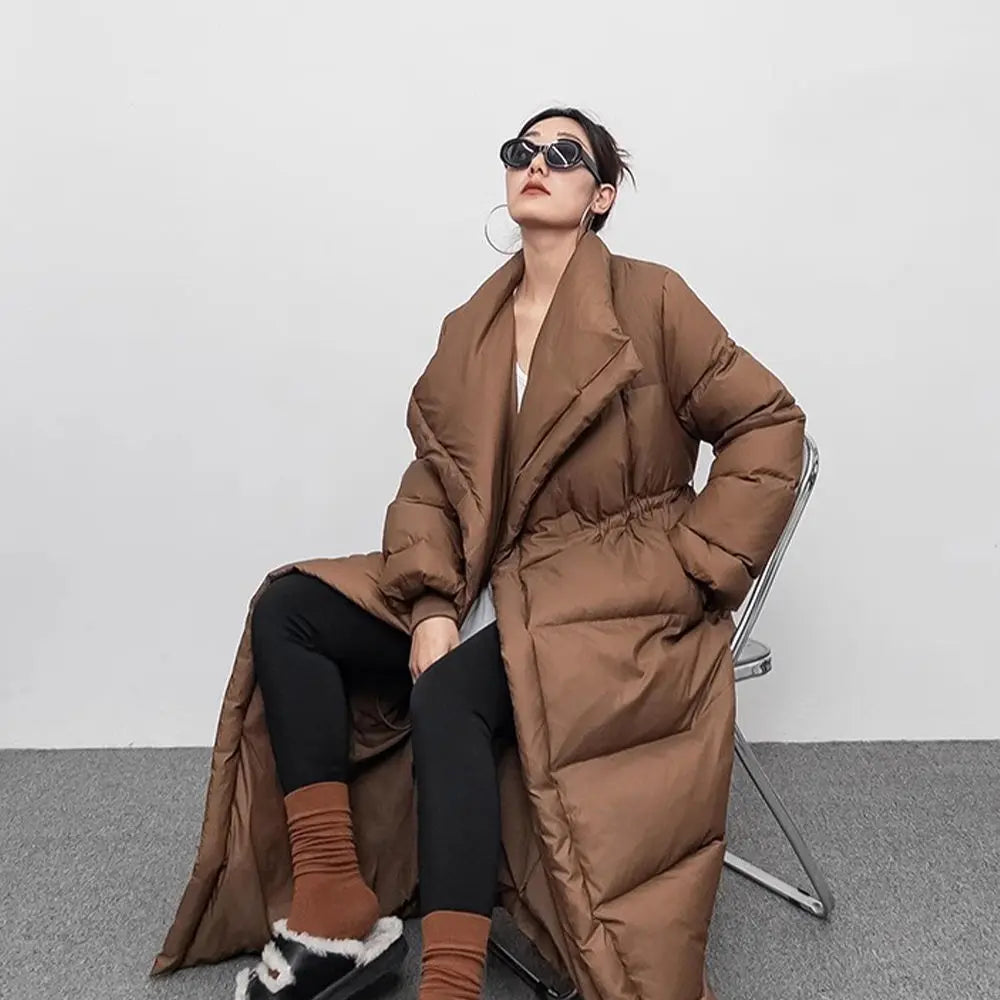 NEW Arrivals S-2XL UK Size Black/Brown Winter Warm Windproof  Tibetan Large Lapel Long Down Jacket Overcoat Women 90 White Duck Down Loose Knee Length Bread Cotton Quilt Jacket Down Coat