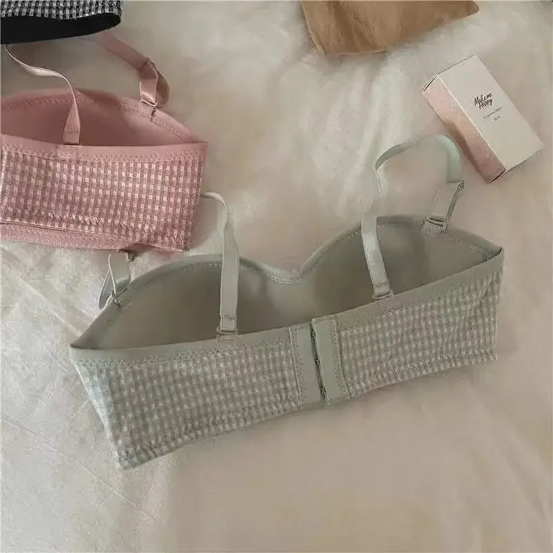 Girls Women's Plaid Comfortable Detachable Double Strap Bra No Steel Ring Bras Student Style One-piece Underwear Fashion clothing Lingerie Products