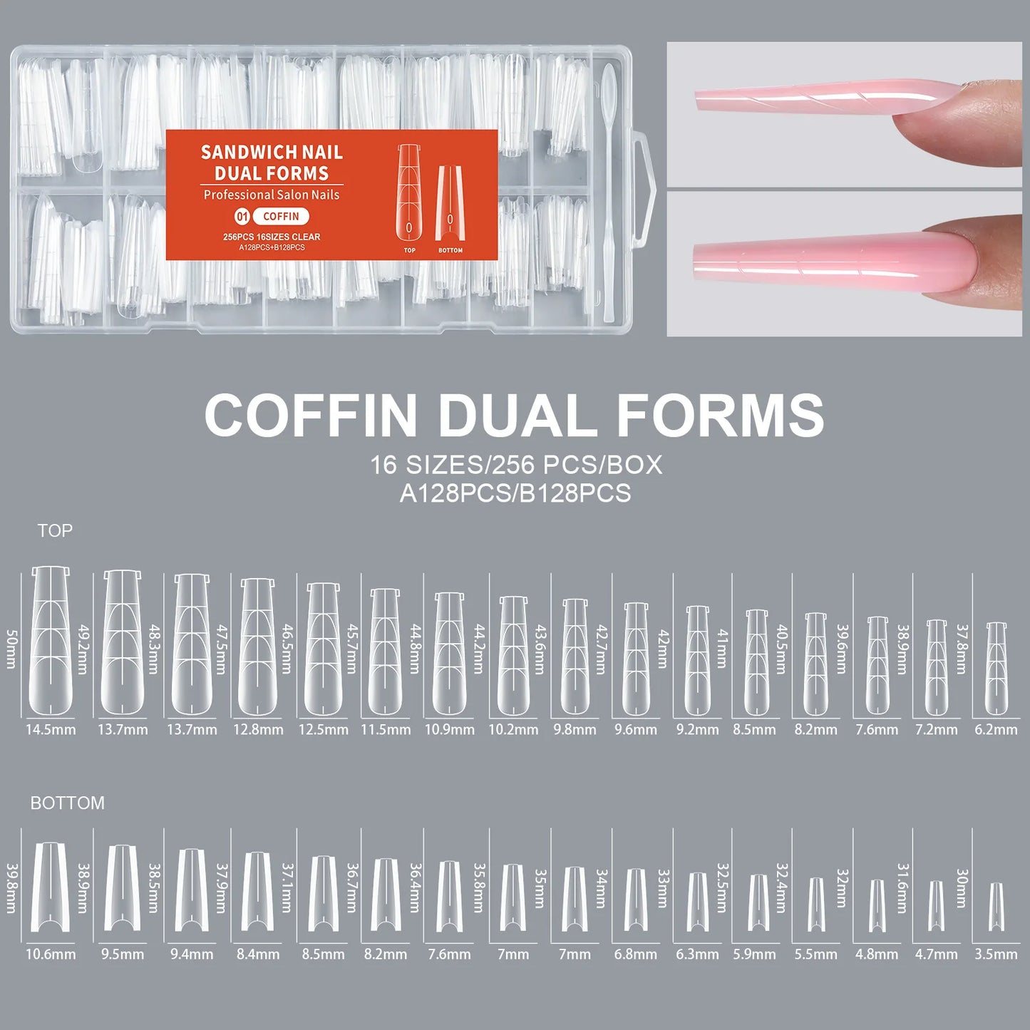 256 PCS Set 16 Size Long Coffin Sandwich Nail Dual Forms Almond Stiletto Square Nail Mold for Quick Nail Extension 16size Sandwich Nails Form