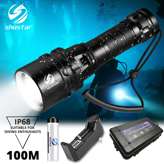 Super bright Diving Flashlight IP68 highest waterproof rating Professional diving light Powered by 18650 battery With hand rope