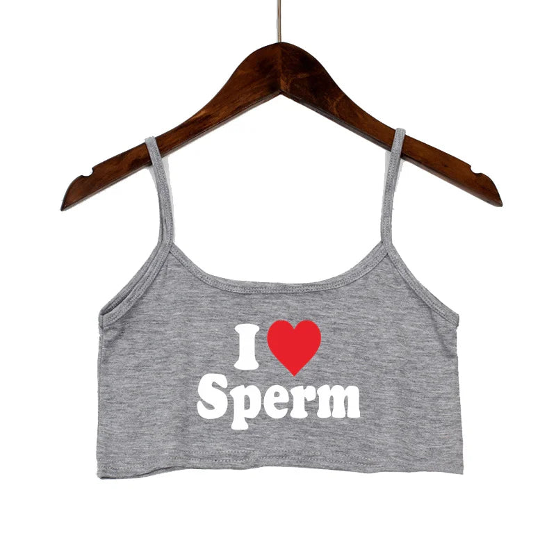 NEW Arrivals I LOVE SPERM Sexy Crop Top for Women Streetwear Girls Asian Size Casual Clothes Elastic Camis Sleeveless Female Short Tank Top Women’s Tops