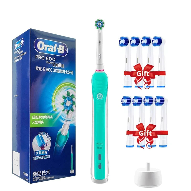 Original Oral B PRO 600 Electric Toothbrush 2-Minute Intelligent Timing + 8 Heads + Box Full Set Daily Clean Teeth Visible Pressure Sensor Waterproof Rechargeable Women Men Oral Hygiene Accessories Personal Care Supplies