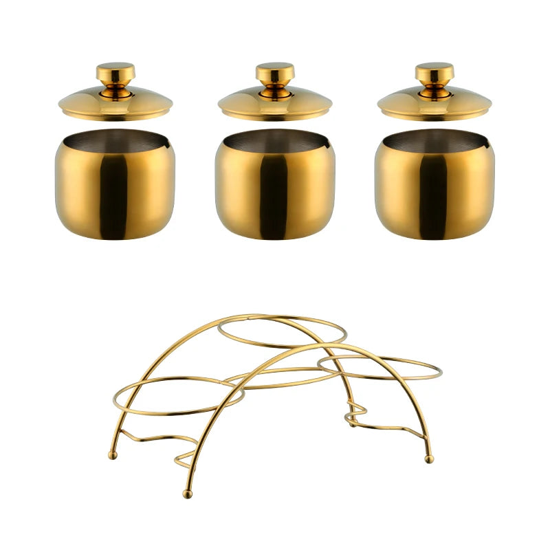 3 PCS Luxury Set + 3 Matching Spoons 304 Stainless Steel Gold Seasoning Condiment Pot Set Spice Salt Sugar Container Pepper Jar Tool with Lid and Spoon Holder Rack Home Tableware Tools Sets