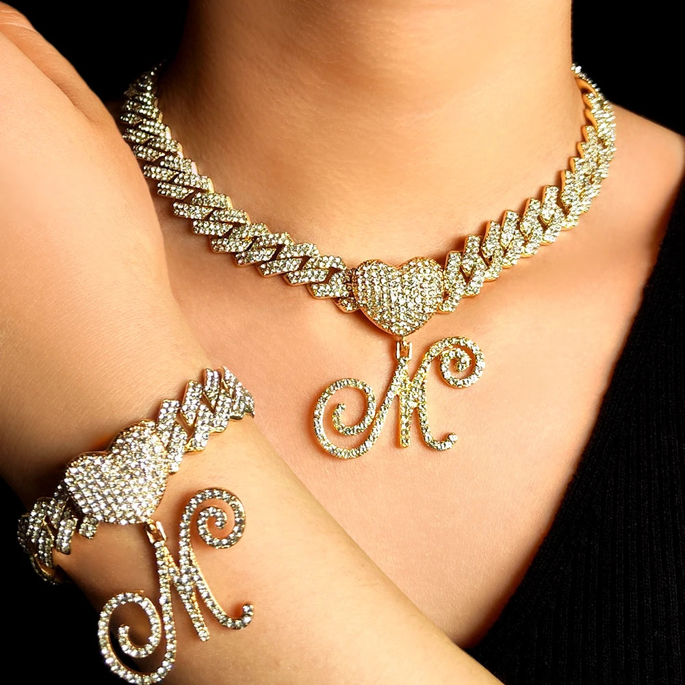 2 PCS Set New Fashion A-Z Initial Cursive Letter Luxury Rhinestones Pendant Cuban Necklace for Women Iced Out Cuban Link Chain Necklace Set Jewelry