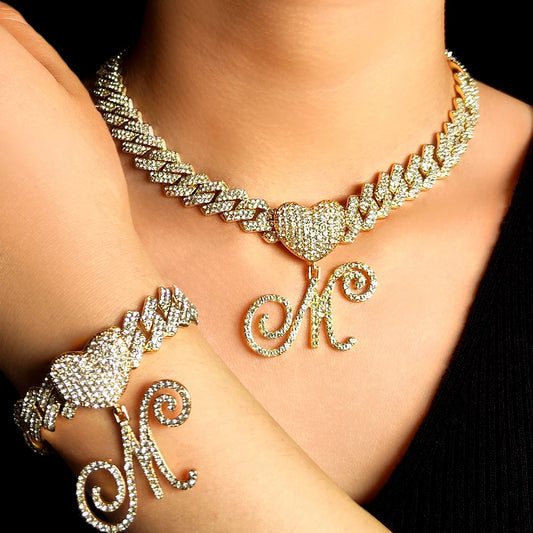 2 PCS Set New Fashion A-Z Initial Cursive Letter Luxury Rhinestones Pendant Cuban Necklace for Women Iced Out Cuban Link Chain Necklace Set Jewelry