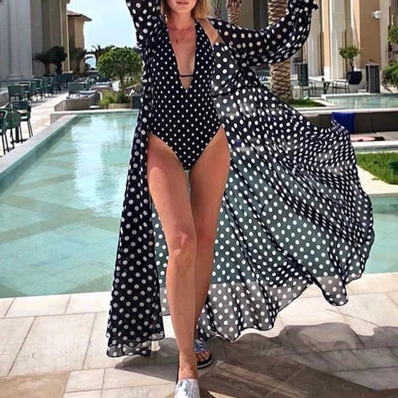 NEW Chiffon Black Beach Dress Long Beach Cover Up Woman Swimwear Bikini Tunic Long Pareo Robe Ladies Beachwear Outfit