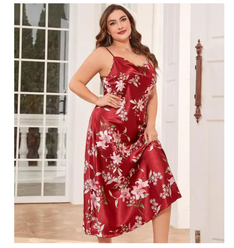 NEW Arrivals XL-5XL Plus Size Sexy Curvy Women Suspender Nightdress Sleepwear Lingerie Summer Ladies Nightgown Loose Silky Satin Dressing Gown Loungewear