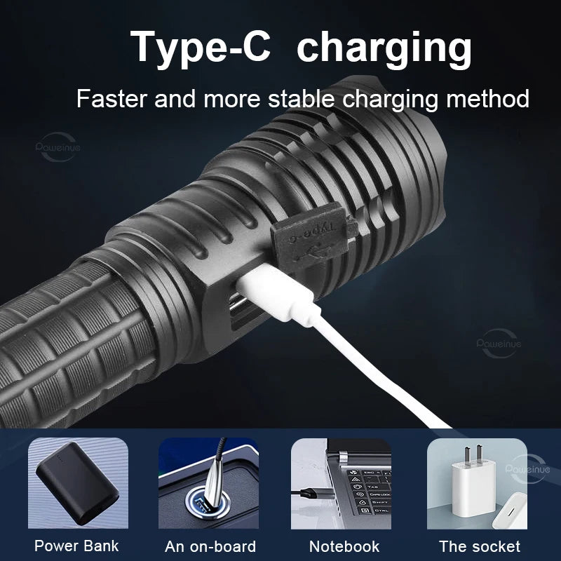 High Power LED Flashlights Type-C Rechargeable LED Torch  5000M Ultra Powerful Flashlight Outdoor Tactical Lantern