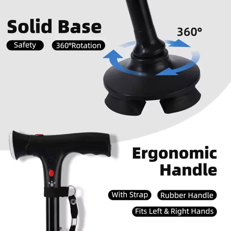 HOT SALE LED Lights +Emergency Alarm SOS Night Hiking Walking Stick Adjustable Height Voice Announcement Non-Slip For Elderly Disabled People Lightweight Aluminum Foldable Outdoor Camping Cane