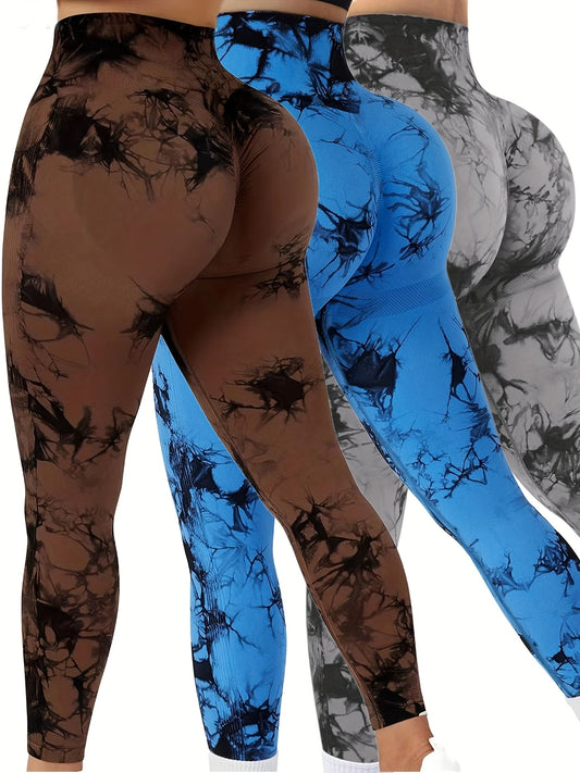 NEW Arrivals 3PCS Set Tie Dye Seamless High Waisted Leggings - Tummy Control Scrunch Butt Lifter - Women Yoga Gym Fitness Pants Outdoor Running Hiking Leggings Ladies Sports Clothing Sets
