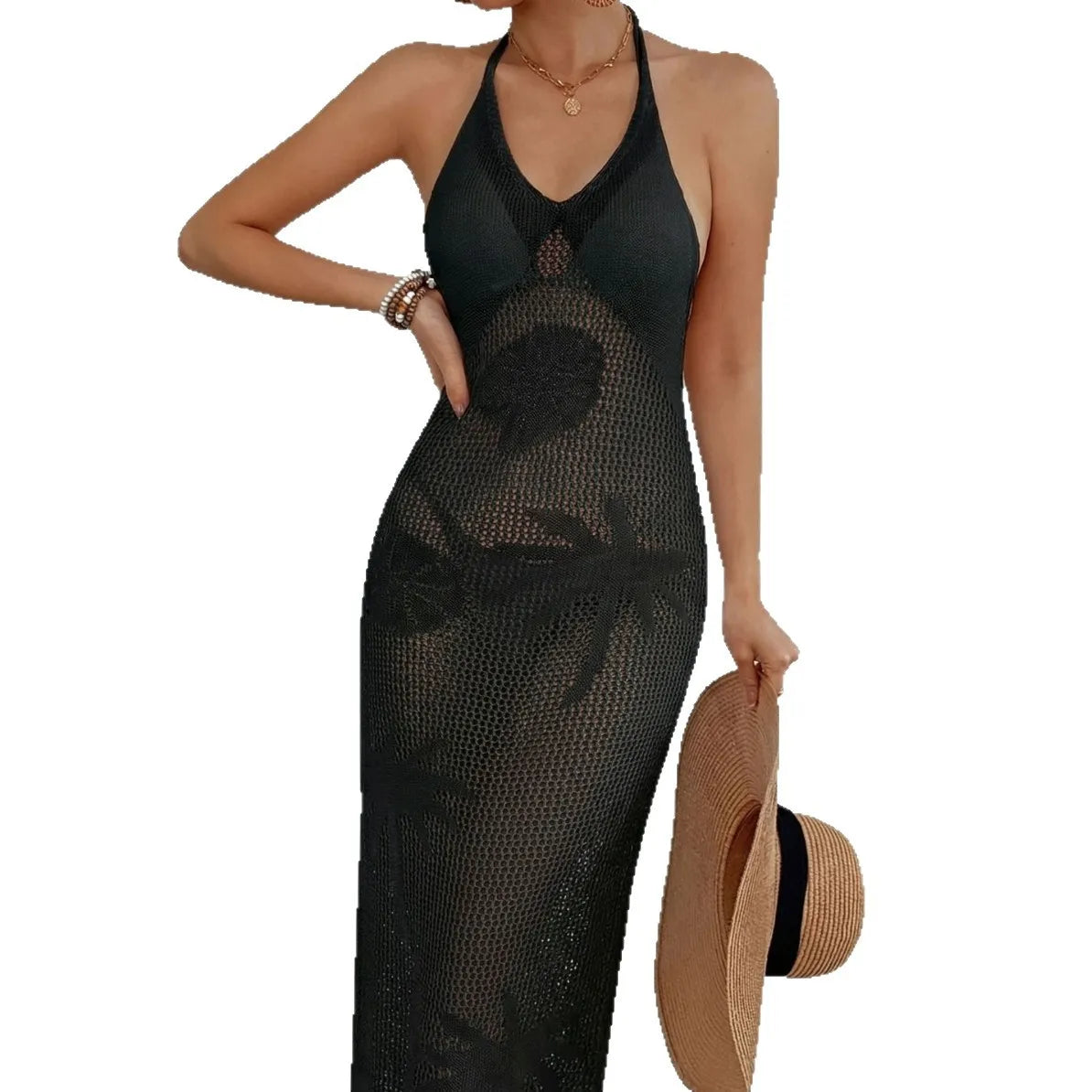 Sexy Lace Beach See Through Dress Women's Crossbody Strap Dress with Ribbon Decoration Split Design Swimsuit Swimwear Beachwear Bikini Cover Ups Dress Ladies Swimming Bathing Apparel Supplies