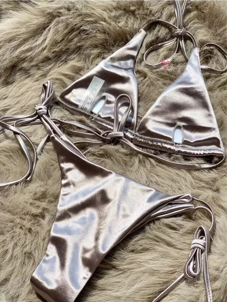 18 Colors UK Size Halter Brazilian Metallic Satin Bikini Women Swimwear Female Swimsuit Two-pieces Bikini Set High Cut Bathing Suit Swim Beachwear