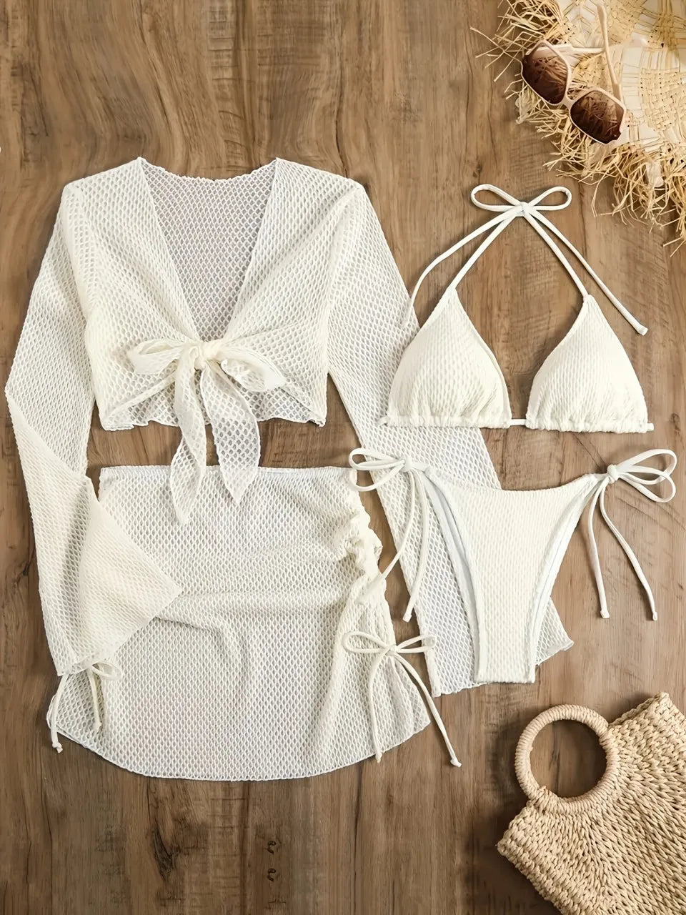 4 PCS Set White/Black/Coffee/Red Color Halter Bikinis Suit Mesh Cover Up Swimwear Female Long Sleeve Solid Swimsuit Women Bathing Swimming Suit Beachwear