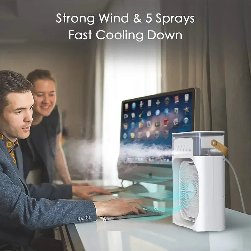 Save Energy Mini Portable Cooling Fan with USB Charging Water Mist Air Conditioner LED Lights Night Light for Home Office Desk Humidifier Cooling Devices.