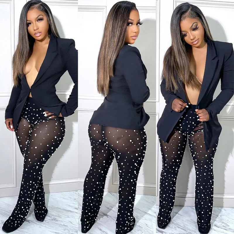 NEW arrivals 2PCS Set  S-2XL 3 Colors Women Sexy Outfits Clubwear Single Button Blazer Coats Pearls Mesh Sheer Pant Suits Y2K Clothes Matching Sets Girls Sexy Fashion Clothing Supplies