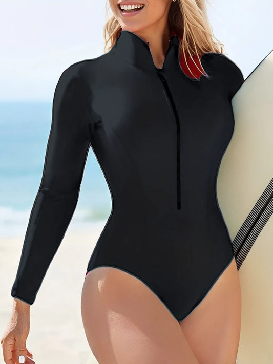 S-2XL 4 Colors Slim Rush Guard Long Sleeve Surfing Swimsuit Women With Zipper Solid Swimwear Female Bathers Bathing Swimming Swim Suit