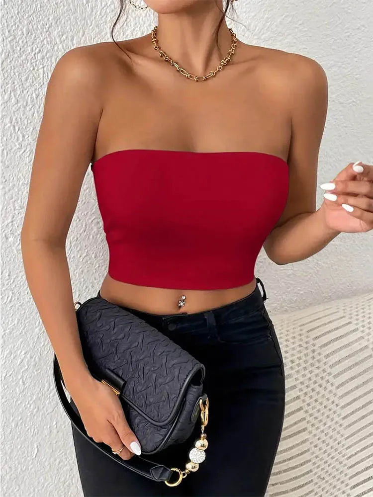 UK Size 6 Colors Sexy Bodycon Crop Tube Top, Solid Stretchy Tube Top, Casual Every Day Tops, Women's Clothing