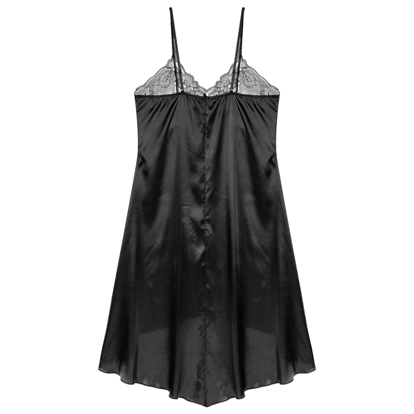 Mens Sissy Satin Nightdress Cross-Dressing Nightwear Sheer Lace Robe Patchwork Irregular Hem Adjustable Straps Dress Sleepwear