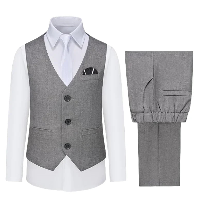 3 PCS Set 10 Colors Boys Kids Vest and Pants Set + Tie + Bowtie Formal Dress Suit Teen Boy Wedding Guest Evening Birthday Party Communion Outfit Kids Piano Host Performance Costume