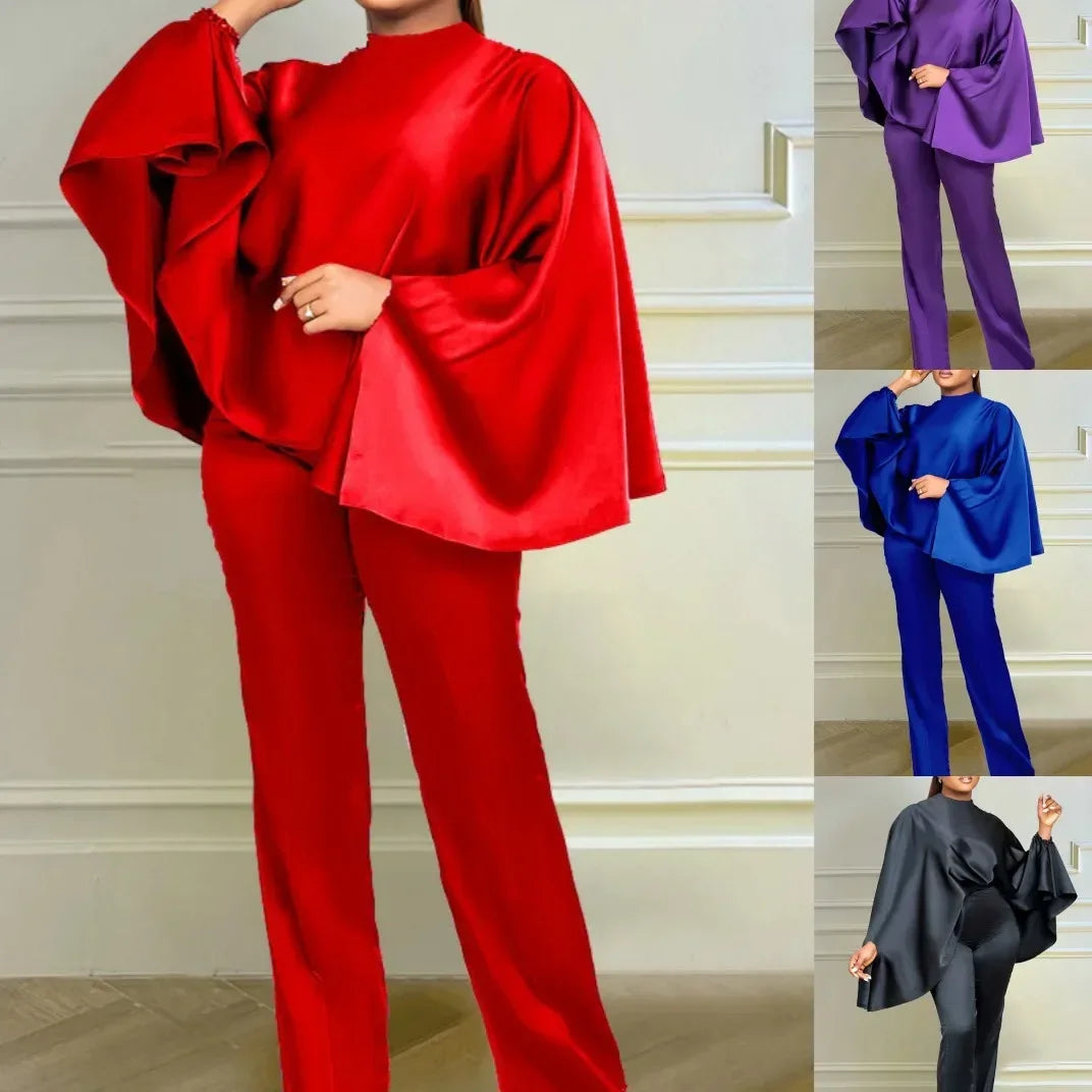 NEW Arrivals 2PCS Set Plus Size 4 Colors Spring Autumn Elegant African Women  Long Cloak Sleeve O-Neck Top Long Pant Matching Sets Evening Birthday Party Dashiki Luxury African Clothing Products