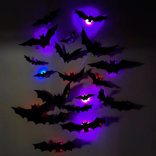 24pcs Halloween New Night LED Light Bat PET Stereoscopic Bat Festival Party Decoration LED Night Light Wall Decal