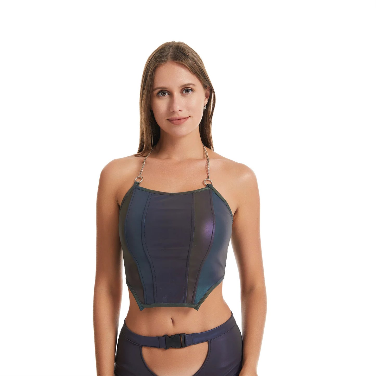 NEW Arrivals Reflective Lights Crop Top Women Female Bodycon Chain Halter Tank Luminous Tops Sexy Colorful Summer Evening Beach Rave Party Night Club Dance Tech-Wear Ladies Girls Luxury Fashion Clothing Accessories Supplies