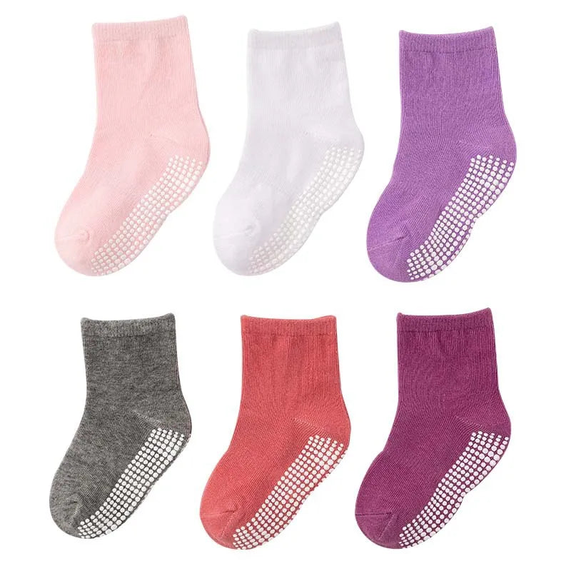 NEW 0-7Y 6 Pairs Set Lot Spring Autumn Newborn Kids Anti-Slip Cotton Socks Solid Color Soft Breathable Cotton Baby's Boat Socks Boys Girls Trampoline Socks