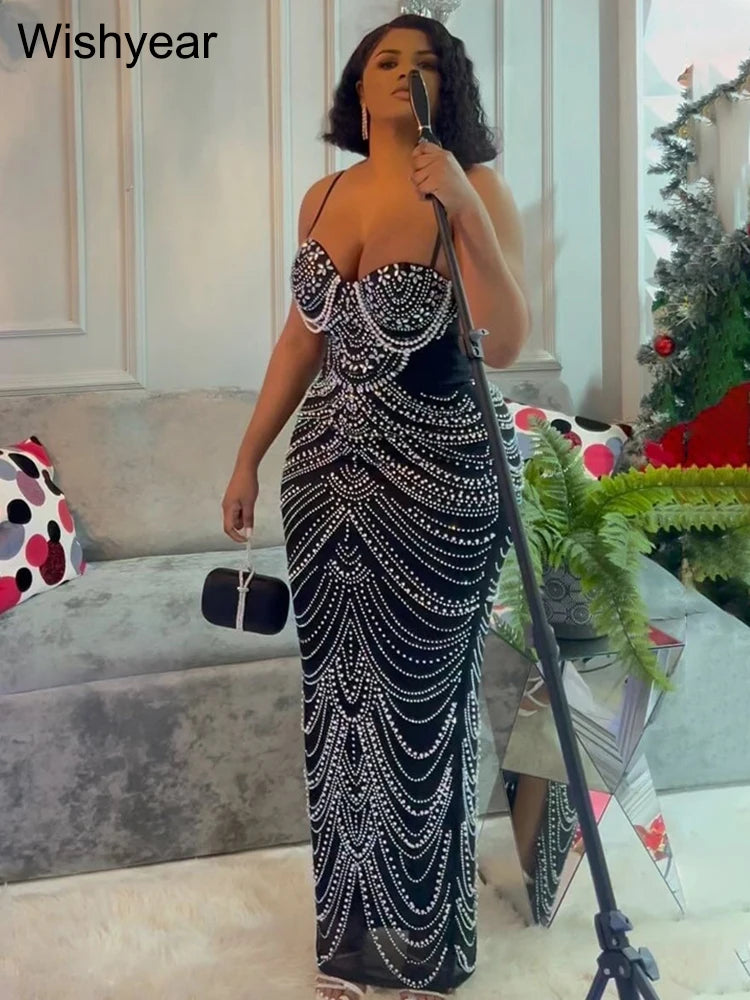 NEW Arrivals UK S-2XL Size Black/Brown Color Luxury Sparkly Crystal Rhinestone Pearl Celebrities Gown Brown Dress Woman Strap Evening Party Birthday Prom Wedding Party Gown