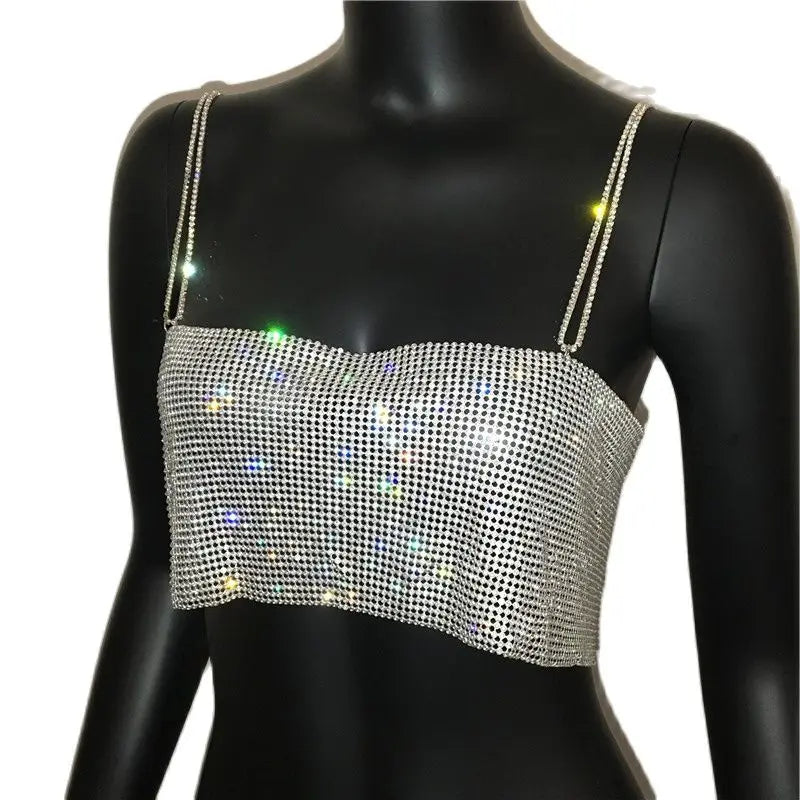 NEW 7 Colors Festival Queen Sequin Shiny Crystal Chain Luxury Tank Top Glitter Metal Mesh Halter Metallic Strap Crop Tops Festival  Party Sexy Women Tops