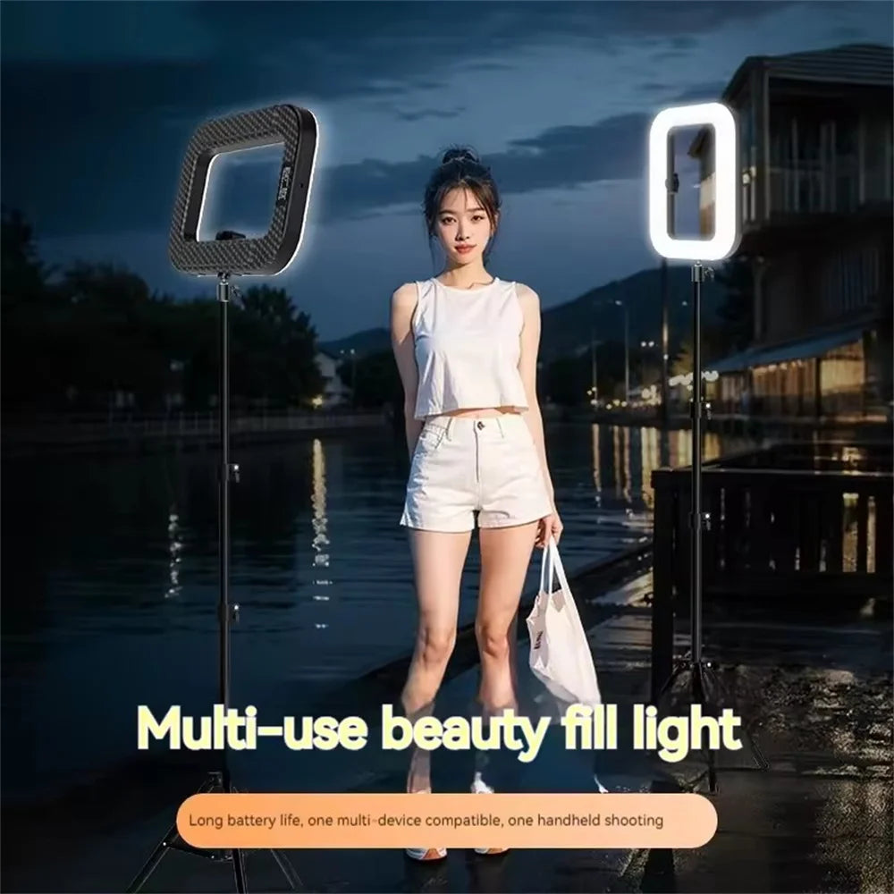 New Pink/Black Color + Tripod Handheld Ring LED Rechargeable Fill light Portable Mobile Phone Live Broadcast Photography Desktop Rabbit Cage Selfie Light
