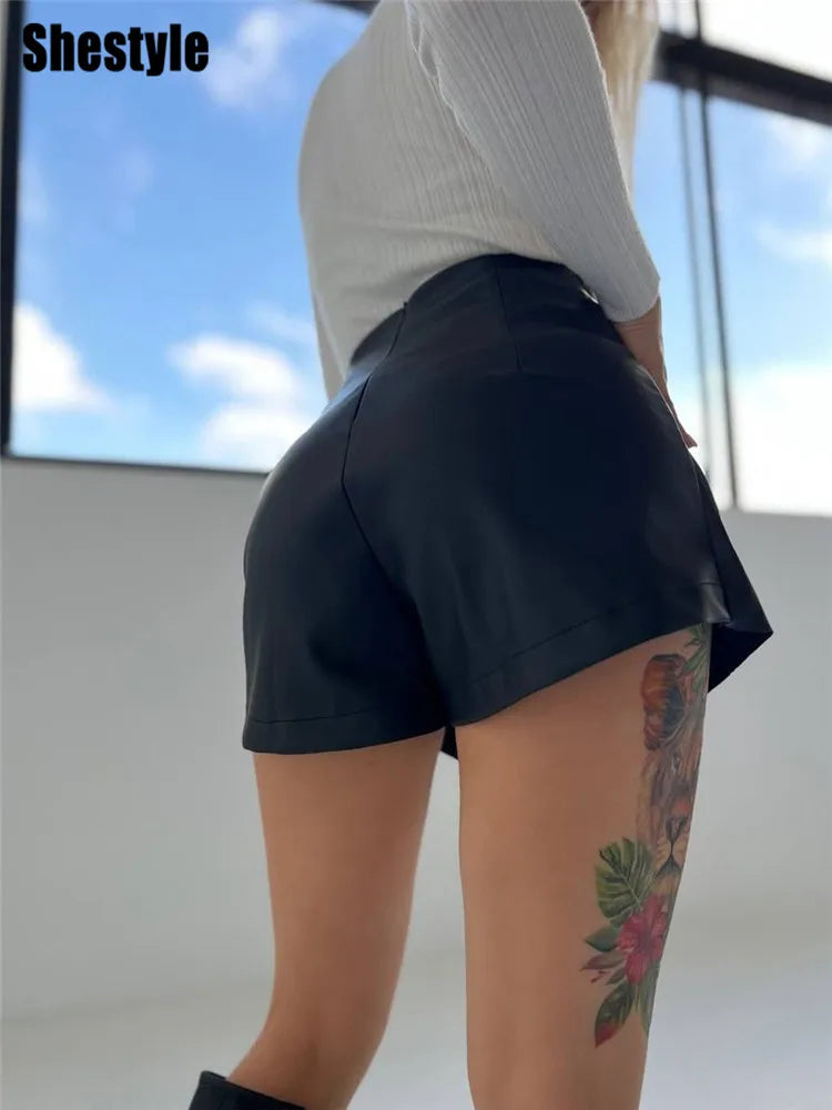 NEW Arrivals Silver/Brown/Black  Women Shorts High Waist Sexy Elegant PU  Leather Skirts Office Lady A-Line Asymmetrical Bottom Evening Party Night Clubwear Workwear Girls Sexy Apparel Accessories