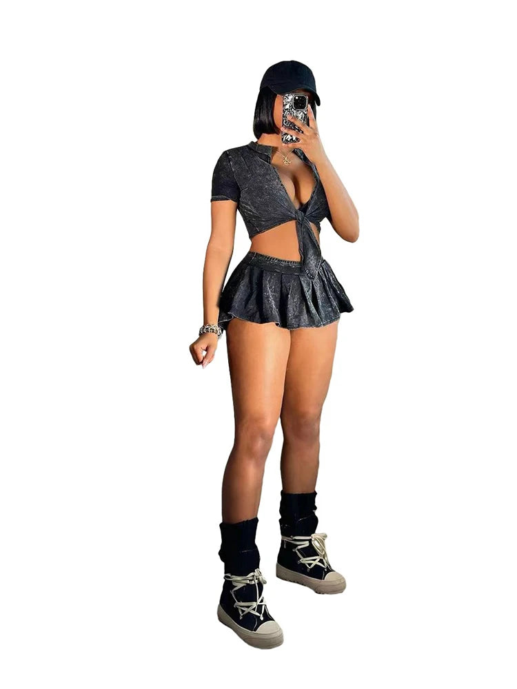 NEW Arrivals 2PCS Set S-XL UK Size Black/Blue/Red Color Sexy Skirt Sets Women Outfit Solid Color Streetwear Summer Outfit Ladies Girls Evening Rave Party Night Club Suit