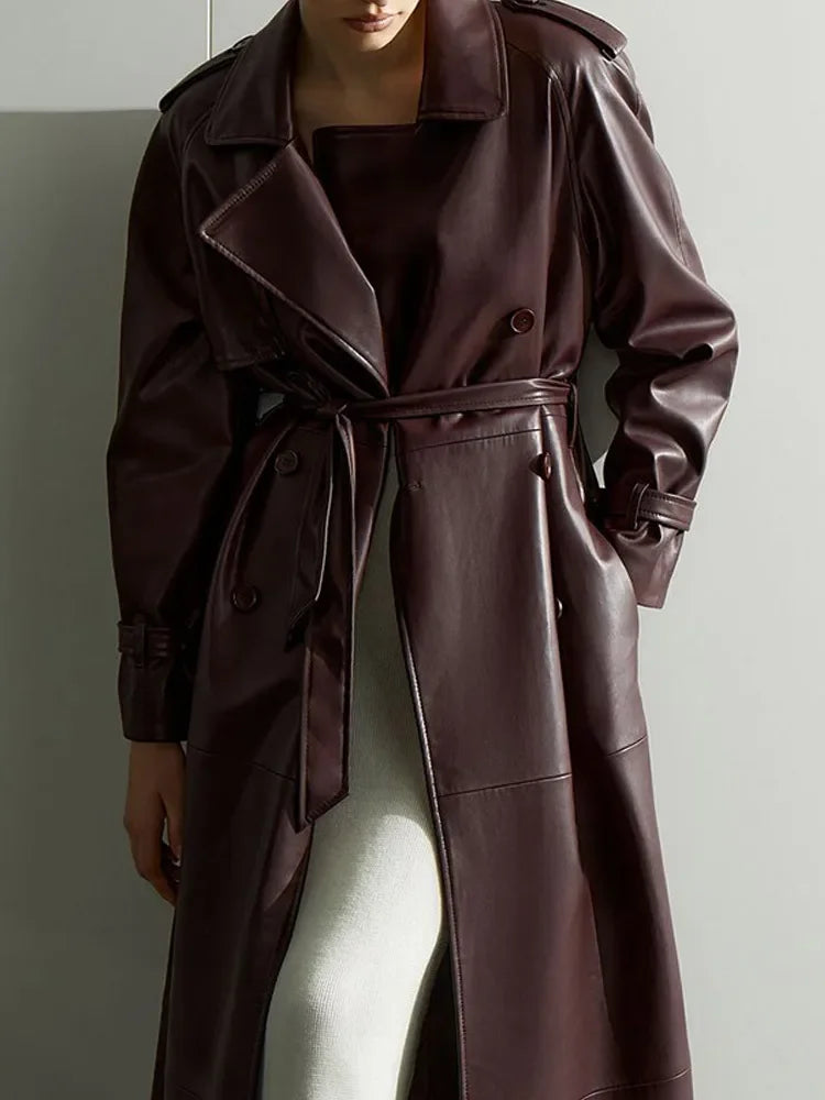 NEW Arrivals Autumn Winter Burgundy Lace Up Matte Leather Jackets Women Fashion Lapel Button Full Sleeve Long Coats New Street Outerwear Ladies Luxury Fashion Clothing Supplies