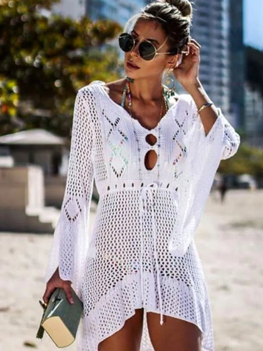 Summer Women Beachwear Sexy White Crochet Tunic Beach Wrap Dress Woman Swimwear Swimsuit Cover-ups Bikini Cover Up Q719