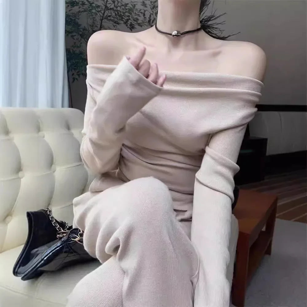 NEW Arrivals 2PCS Set M-2XL Black/Apricot/Gray Color Off-Shoulder Long Sleeve Elegant Suit Slimming Top And Smoothing Bottoms Women's Autumn Bell Pants High-End Feel