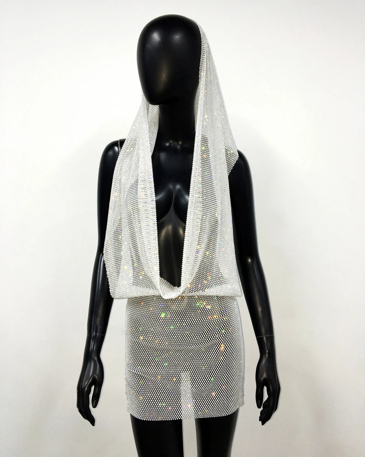 2 PCS Set White/Black Color Sexy See Through Glitter Fishnet Diamonds Mini Skirt Suit for Women Mesh Turban Dress Low Cut Crop Y2K Tops Elastic Waist Wrap Hip Skirts