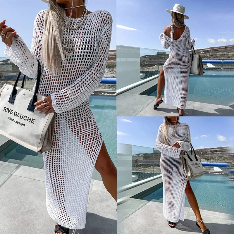NEW Arrivals 5 Colors Sexy Casual Women's Beach Holiday Style Fishing Net Hollow Crew Neck Long-sleeved Bikini Swimsuit Fishnet Cover Up Split Maxi Dress