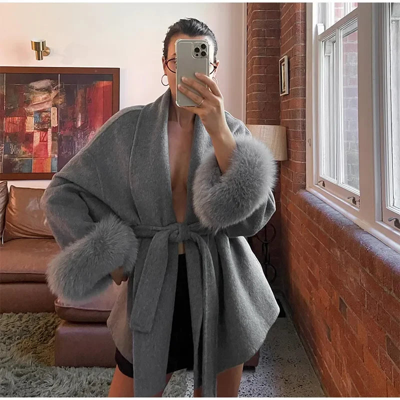 UK Size 5 Colors Elegant Lace Up Woolen Overcoat Women Casual Lapel V-Neck Full Sleeve Loose Warm Outerwear Lady New Autumn Commute Street Coat