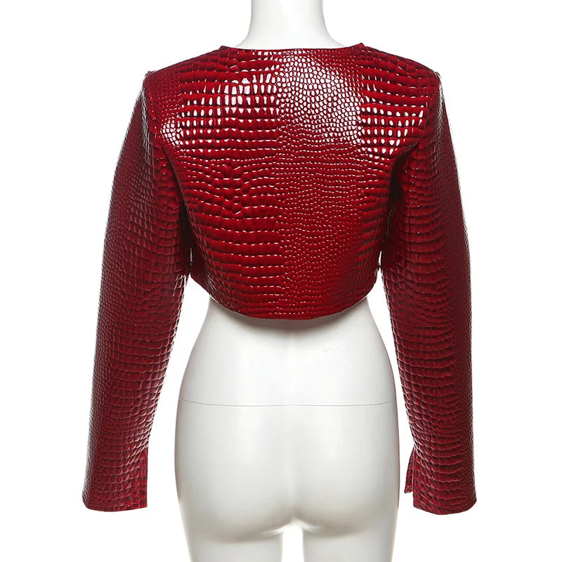 NEW Arrivals Autumn/Spring Snakeskin Leather Crop Jacket Women Hipster Trend Snake O-Neck Full Sleeve Streetwear Wild Basic PU Leather Outwear Coat Girls Luxury Fashion Clothing Supplies