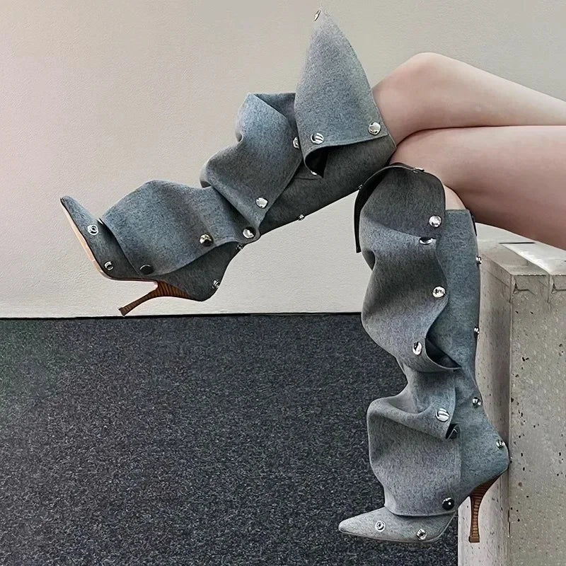 Just Arrived 7 Colors High Heel Long Boots for Women Botte Winter Boots Shoes Botas Mujer Thin Heeled Pointed Leather Denim Metal Button Shoe s Women Casual Apparel Accessories