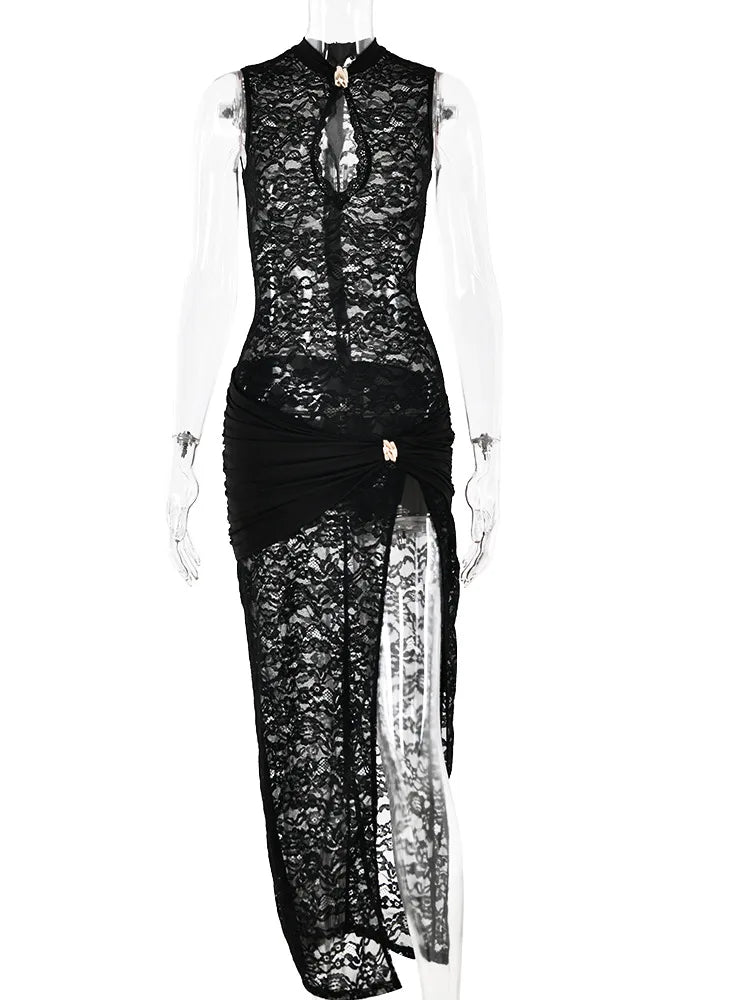 NEW Arrivals UK Size Sexy Hollow Out High Slit Lace Women Maxi Dress Black See Through Evening Dress Female Autumn New Elegant Night Clubwear Dress